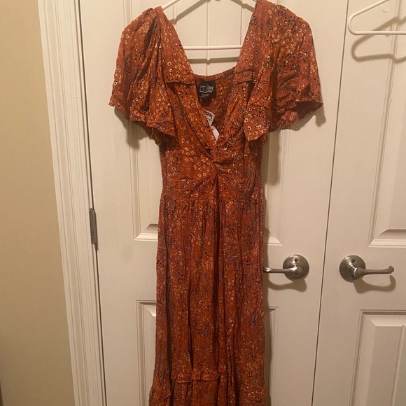 Angie Dresses & Skirts - Angie Brown and Orange Wrap Sundress with Flutter Sleeves